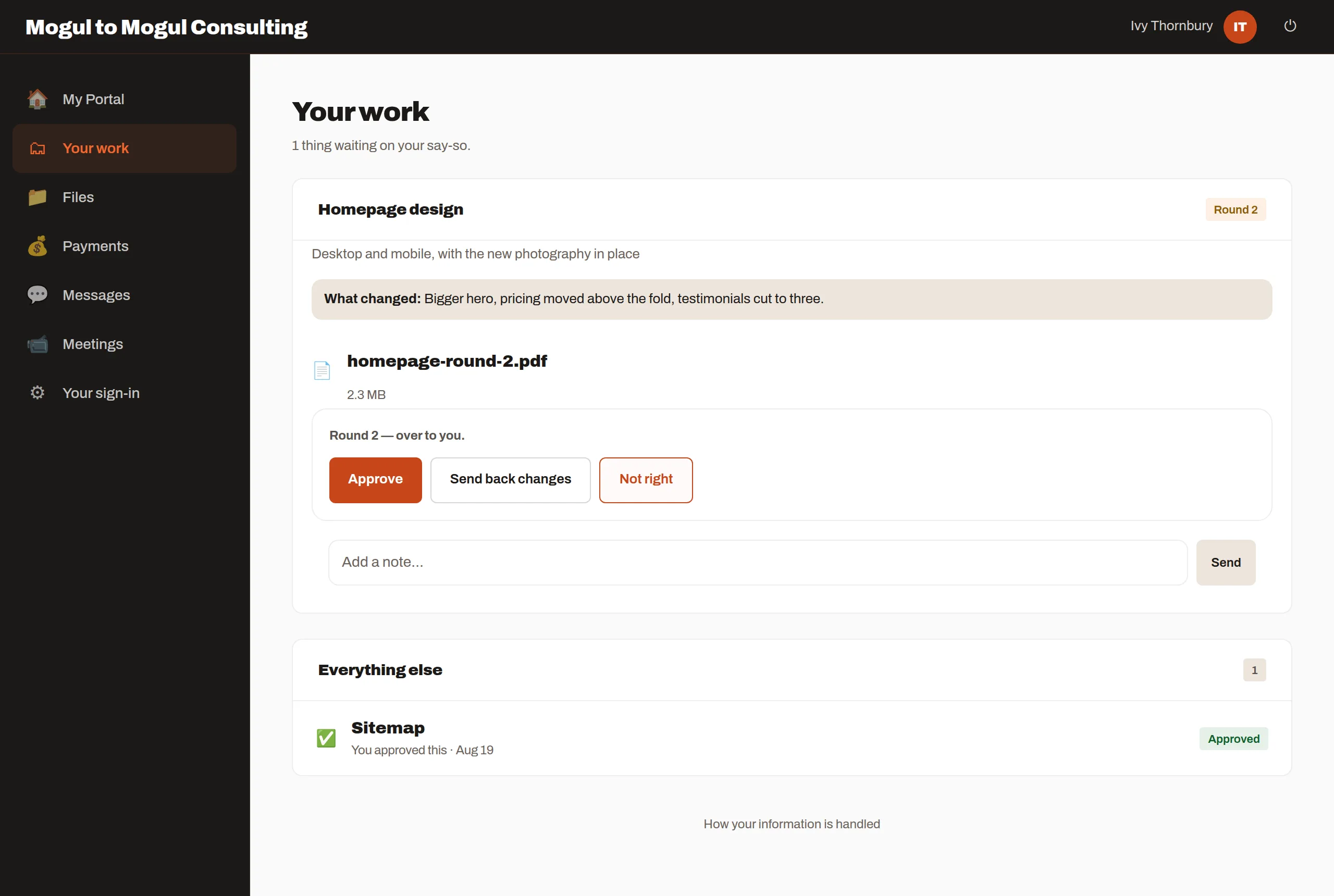 What the client sees: Homepage design, round two, with a note saying what changed, the PDF, and three buttons — Approve, Send back changes, Not right.